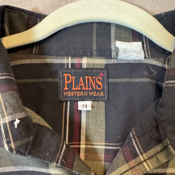 Plains Western Wear Snap Front Plaid Shirt Medium Black Olive Maroon Pearl Snap - Picture 6 of 7